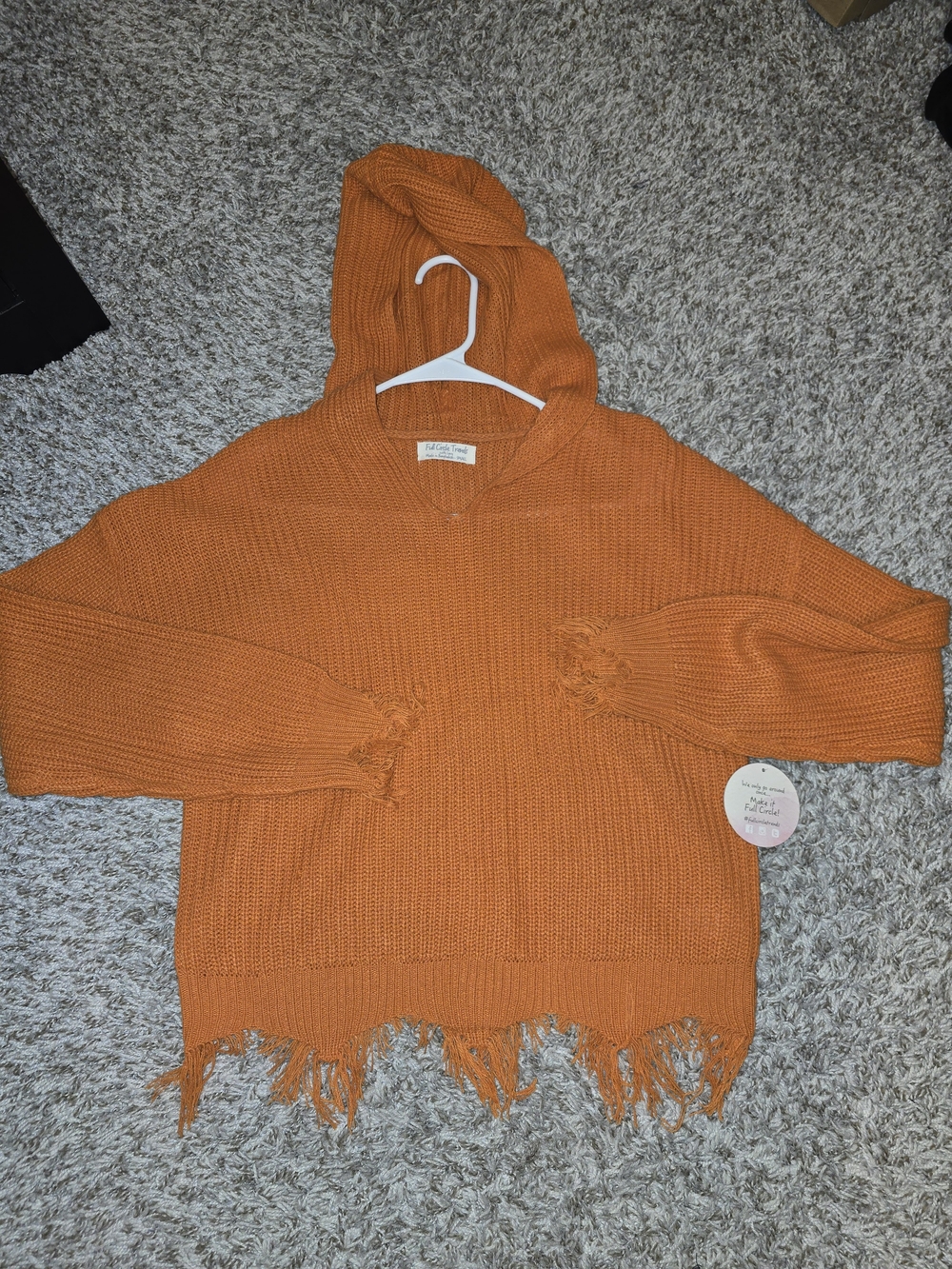 Full Circle Trends orange distressed fringe hoodie size small